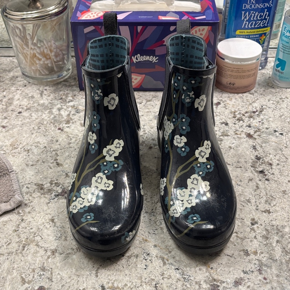 Hunter Black Floral Ankle Boots
